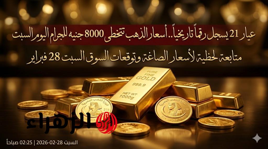عيار 21 يسجل رقماً تاريخياً.. أسعار الذهب تتخطى 8000 جنيه للجرام اليوم لعيار 24