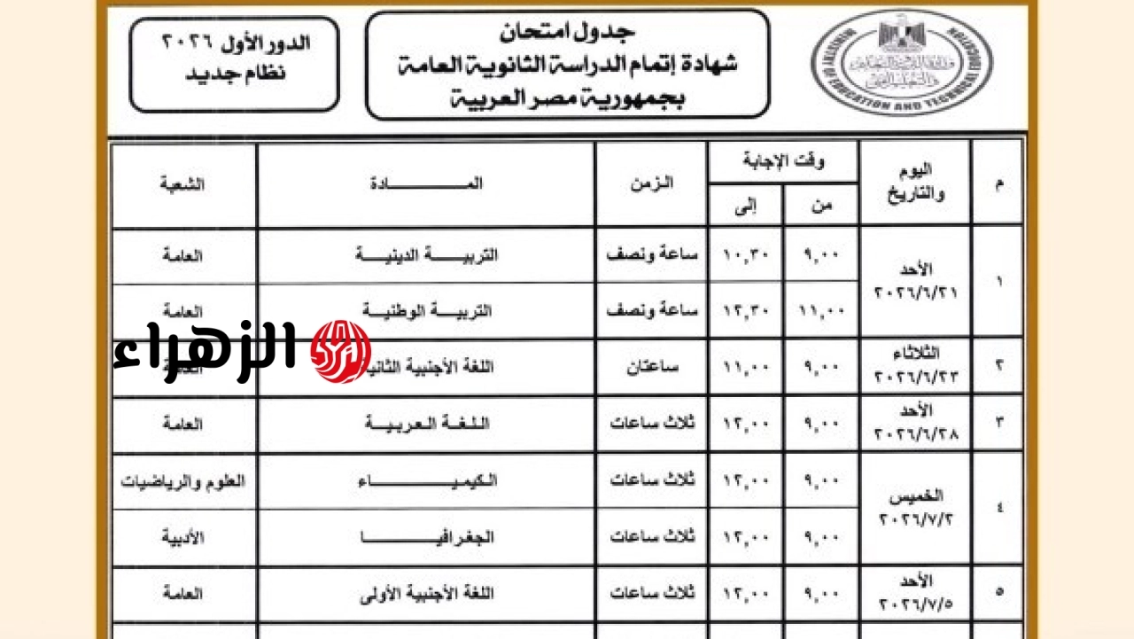 وزارة التربية والتعليم تعلن جدول امتحانات الثانوية العامة 2026 وتحدد مادة الاختبار المقررة غداً
